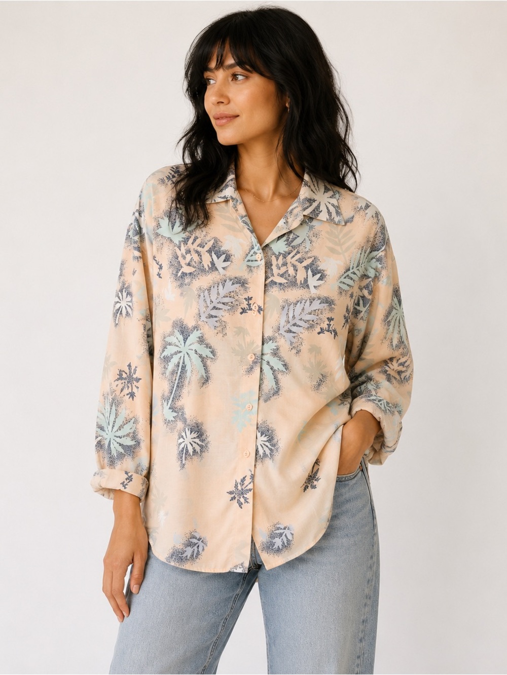 Vintage 80s Pale Pink Tropical Print Soho Button Down Blouse - Size L